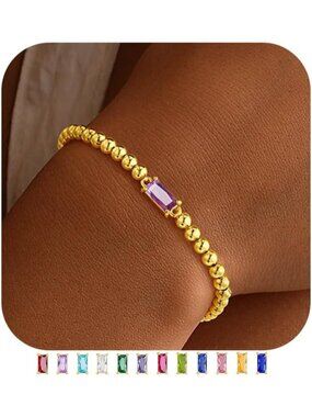 Women Purple Birthstone Bracelet 14K Gold Plated Beaded Elastic Dainty Jewelry